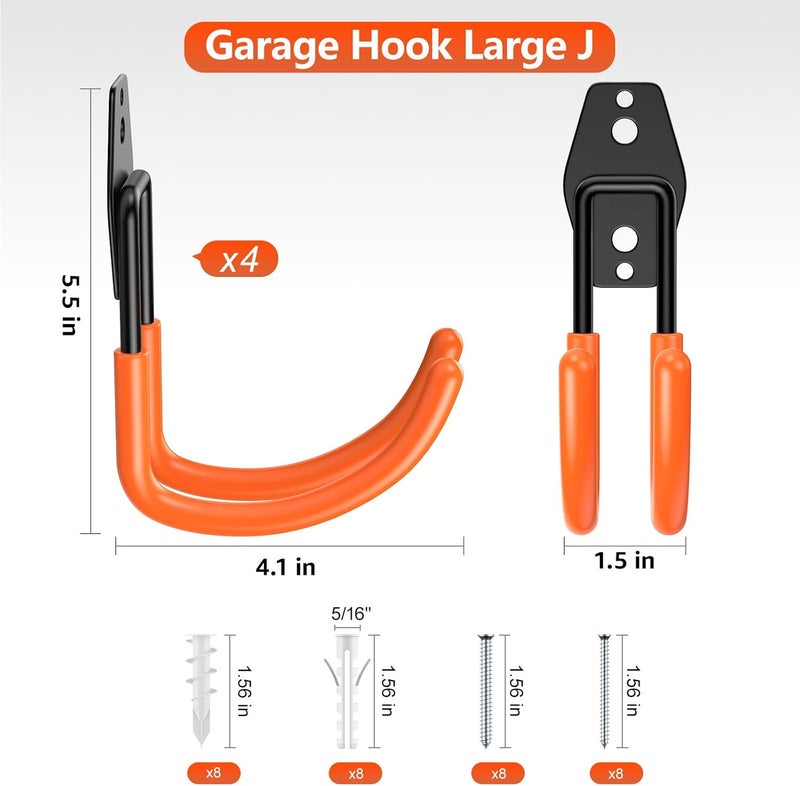 Cpais Garage Hooks with Anti-Slip Coating,Heavy Duty Wall Mount Storage Hooks for Hanging Bike,Hose,Ladder,Yard,Garden Tools (4 Pack Orange 5.5x4.1 Inch) - Image 2